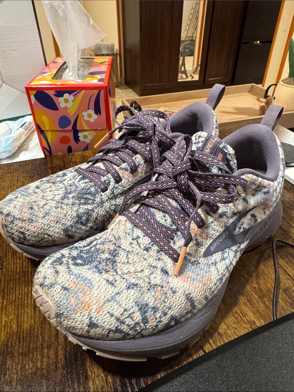 Brooks Women's Running Shoes in Blue, Gray and Peach Knit